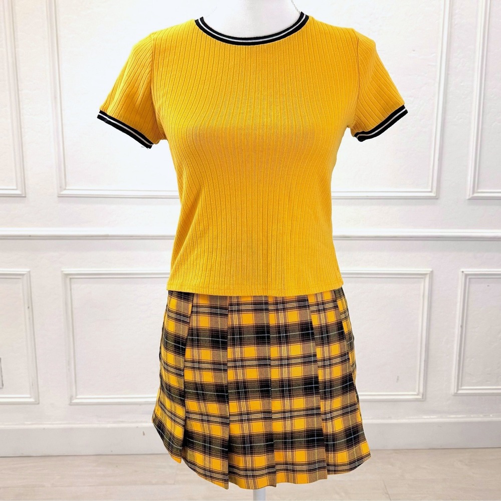 Forever 21 Skirt Set Women S/M Yellow Plaid Pleated Mini Schoolgirl 90s Clueless